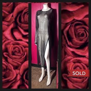 Sheer black ankle length long sleeve maxi dress w side slits, size L